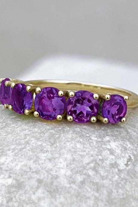 Solid Gold Engagement Ring With Round Shape Amethyst, Bridesmaid Half Band Ring With Purple Stones, 9k/18k Classic Prong Set Promise Ring.