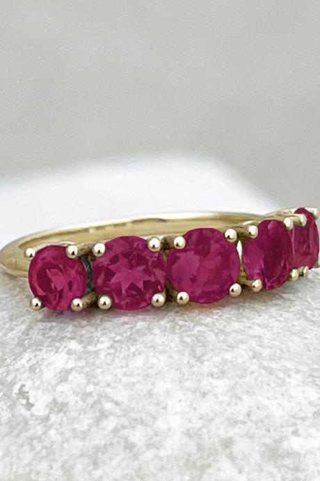 Solid Gold Engagement Ring With Natural Ruby, Wedding Half Eternity Gemstone Ring, 9k/18k Round Stones Prong Set Promise Ring