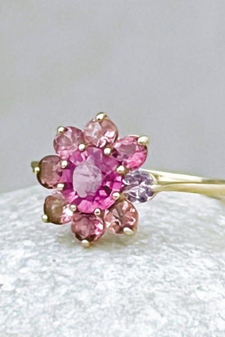  Solid gold floral shape garnet engagement ring, Halo pink tourmaline dainty bridal ring, 18k vintage flower ring