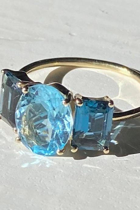 Solid Gold Blue Topaz Engagement Ring, 3 Natural Stones Bridal Ring, 9k/18k Gold Classic London Blue Gemstone Ring
