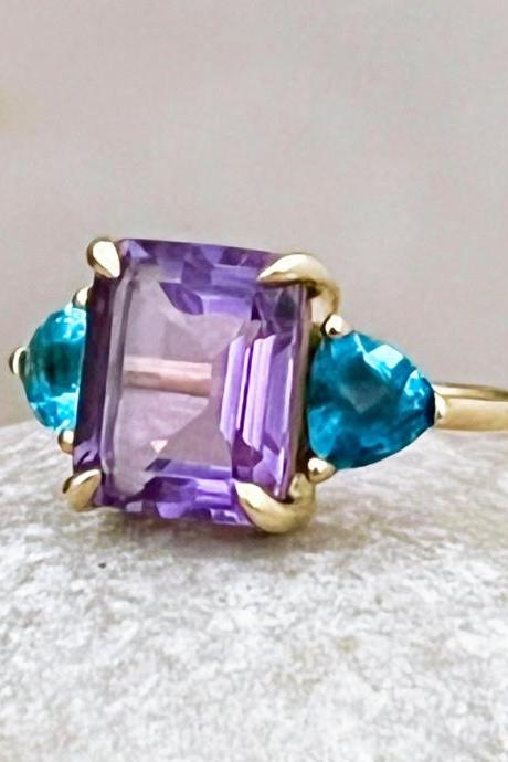  Amethyst solid gold statement ring, 9k/18k delicate engagement ring with blue topaz, 3 natural stone promise ring