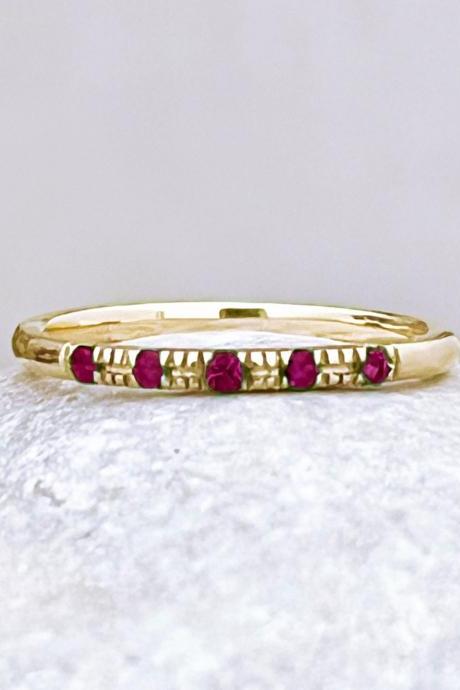 Wedding Solid Gold Band With Ruby Stones, 18k Delicate Stacking Ring, Natural Gemstones Minimalist Promise Band Ring
