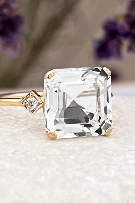 Engagement Solid Gold Ring With Asscher Cut White Topaz, Natural Clear Gemstone And Diamonds Promise Ring, Art Deco Solitaire Ring, 18k