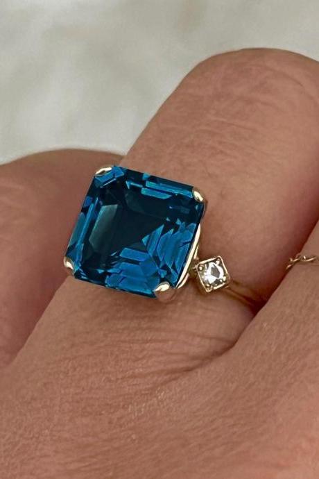  Engagement solid gold ring with asscher London Blue topaz, Natural blue gemstone and diamond bridal ring, 18k Art Deco solitaire ring