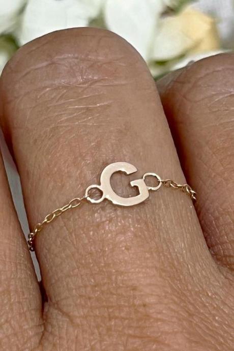 Solid Gold Letter Chain Ring, Personalised Dainty Initial Link Ring, 9k Custom Stackable Ring