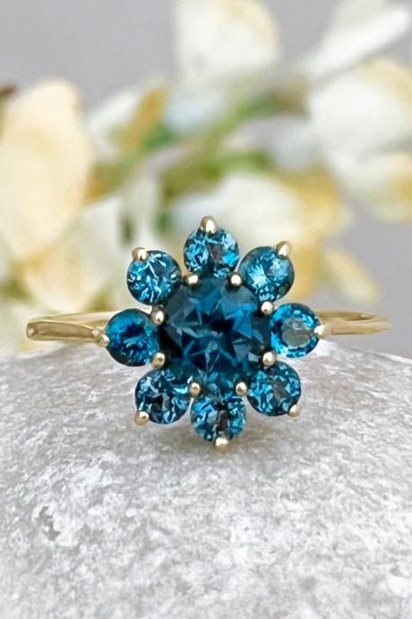 Floral Shape Solid Gold Engagement Ring With London Blue Topaz, Halo Gemstone Dainty Bridal Ring, 18k Vintage Flower Ring