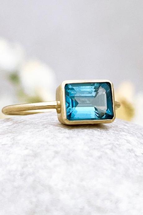  London blue topaz solid gold engagement ring, 18k dainty bezel set ring, Emerald cut solitaire blue gemstone wedding ring