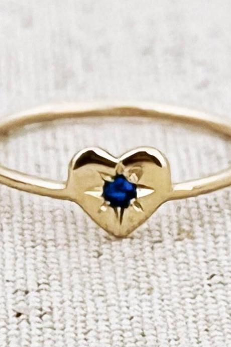 18k Solid Gold Promise Heart Ring, Birthstone Natural Sapphire Delicate Engagement Ring, Minimalist Blue Gemstone Stacking Solitaire Ring