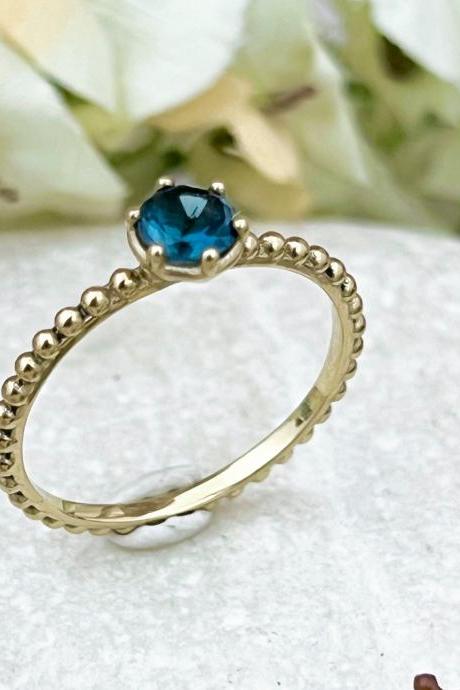  London Blue topaz gold statement solitaire ring, Gemstone dainty engagement ring with round cut topaz, 18k stackable ring for bride gift