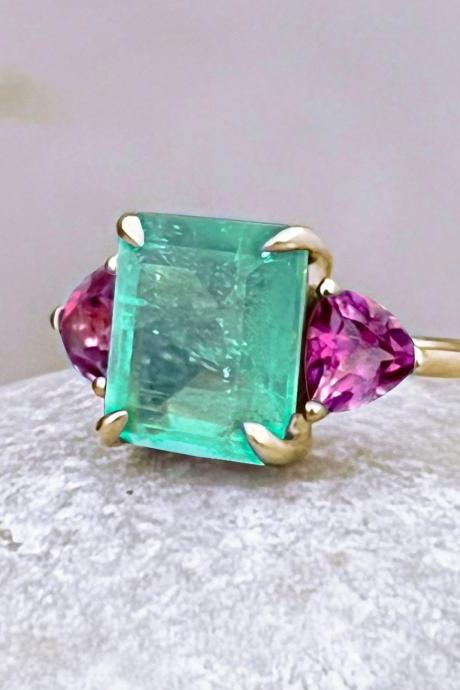  Emerald green quartz solid gold statement ring, 3 natural stone promise ring, 18k dainty engagement ring with pink topaz.