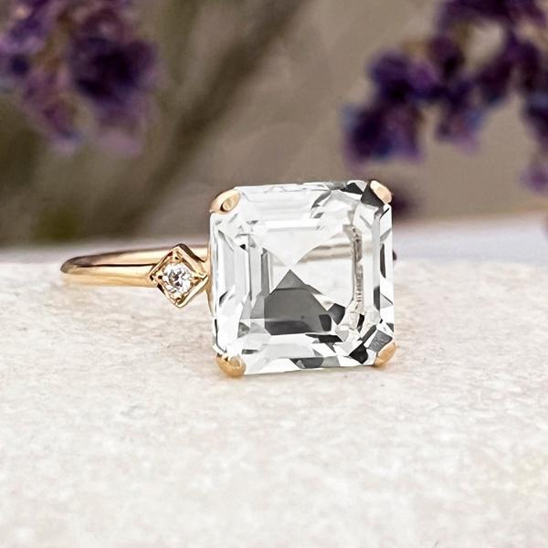  Engagement solid gold ring with asscher cut white topaz, Natural clear gemstone and diamonds promise ring, Art Deco solitaire ring, 18k