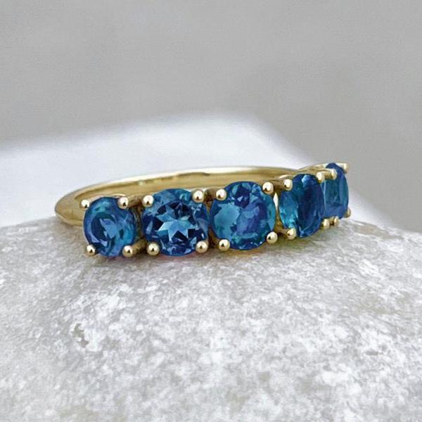  Solid gold engagement ring with London Blue topaz, Wedding half band ring with dark blue gemstone, 9k/18k classic prong set promise ring
