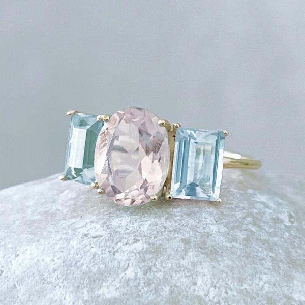  Solid gold rose quartz engagement ring, 3 natural stone statement promise ring, 18k classic blue topaz ring