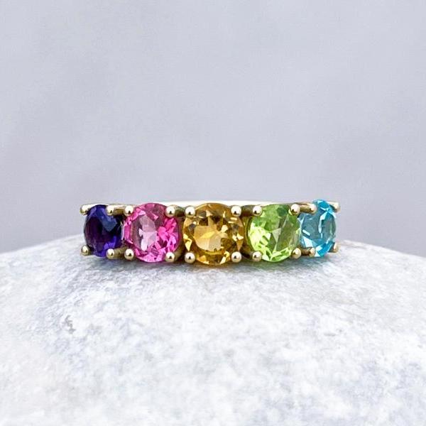  Solid gold engagement ring with multicolor gemstone, Wedding half band ring with natural stones, 18k classic prong setting promise ring