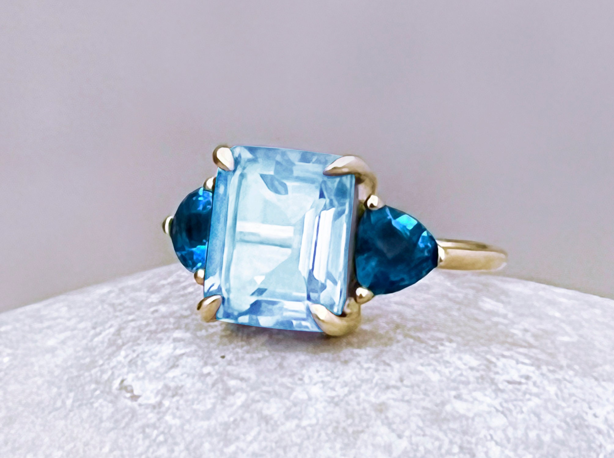 Solid Gold Engagement Ring With Emerald Cut Blue Topaz, London Blue ...